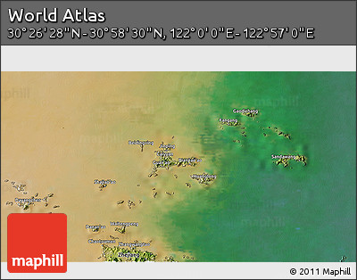 Satellite 3D Map of the Area around 30° 42' 29" N, 122° 28' 29" E