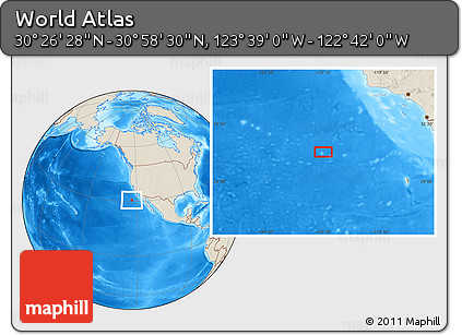 Shaded Relief Location Map of the Area around 30° 42' 29" N, 123° 10' 30" W