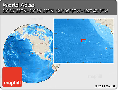 Shaded Relief Location Map of the Area around 30° 42' 29" N, 123° 10' 30" W