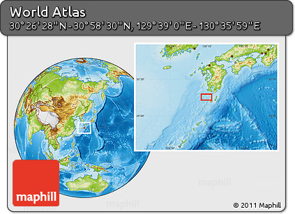 Physical Location Map of the Area around 30° 42' 29" N, 130° 7' 30" E