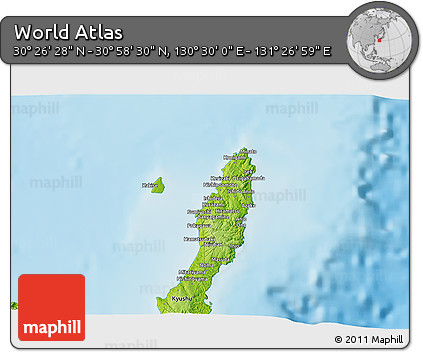 Physical 3D Map of the Area around 30° 42' 29" N, 130° 58' 29" E