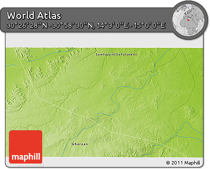 Physical 3D Map of the Area around 30° 42' 29" N, 14° 31' 30" E