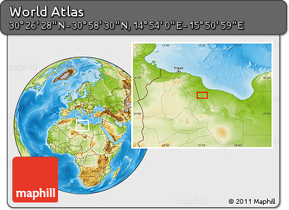Physical Location Map of the Area around 30° 42' 29" N, 15° 22' 30" E