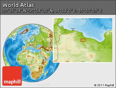 Physical Location Map of the Area around 30° 42' 29" N, 15° 22' 30" E