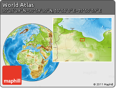 Physical Location Map of the Area around 30° 42' 29" N, 15° 22' 30" E