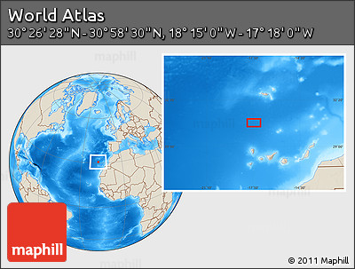 Shaded Relief Location Map of the Area around 30° 42' 29" N, 17° 46' 29" W