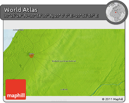Physical 3D Map of the Area around 30° 42' 29" N, 20° 28' 30" E