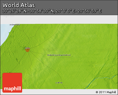 Physical 3D Map of the Area around 30° 42' 29" N, 20° 28' 30" E