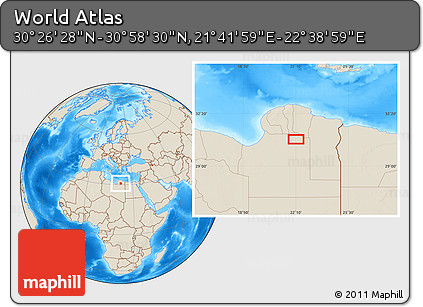 Shaded Relief Location Map of the Area around 30° 42' 29" N, 22° 10' 29" E
