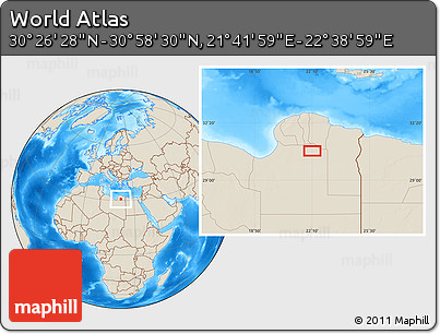 Shaded Relief Location Map of the Area around 30° 42' 29" N, 22° 10' 29" E