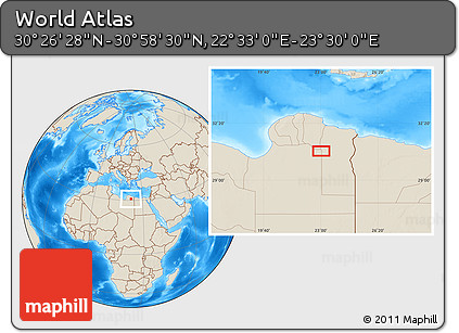 Shaded Relief Location Map of the Area around 30° 42' 29" N, 23° 1' 29" E