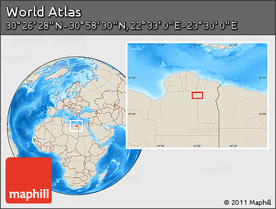 Shaded Relief Location Map of the Area around 30° 42' 29" N, 23° 1' 29" E