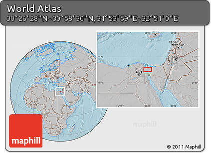 Gray Location Map of the Area around 30° 42' 29" N, 32° 22' 30" E, hill shading