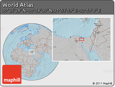 Gray Location Map of the Area around 30° 42' 29" N, 32° 22' 30" E, hill shading