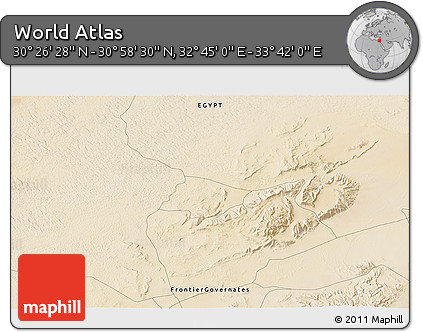 Satellite 3D Map of the Area around 30° 42' 29" N, 33° 13' 30" E