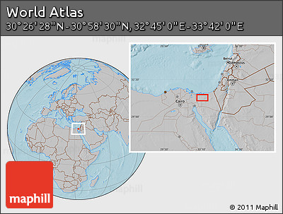 Gray Location Map of the Area around 30° 42' 29" N, 33° 13' 30" E, hill shading
