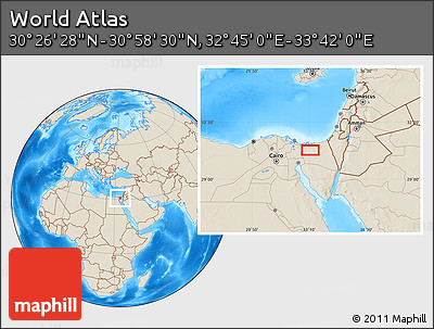 Shaded Relief Location Map of the Area around 30° 42' 29" N, 33° 13' 30" E