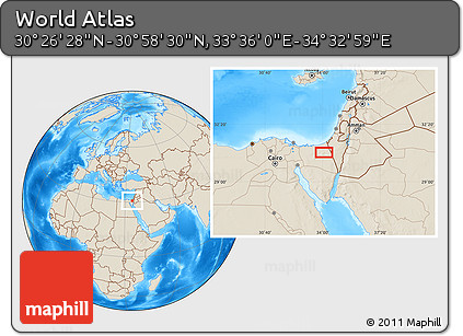 Shaded Relief Location Map of the Area around 30° 42' 29" N, 34° 4' 30" E