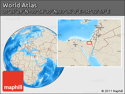 Shaded Relief Location Map of the Area around 30° 42' 29" N, 34° 4' 30" E
