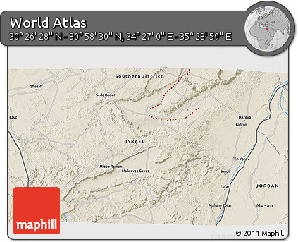 Shaded Relief 3D Map of the Area around 30° 42' 29" N, 34° 55' 29" E