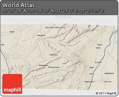 Shaded Relief 3D Map of the Area around 30° 42' 29" N, 34° 55' 29" E