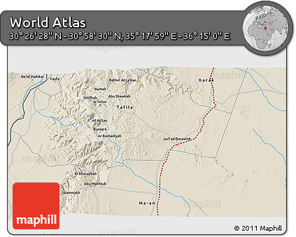 Shaded Relief 3D Map of the Area around 30° 42' 29" N, 35° 46' 29" E