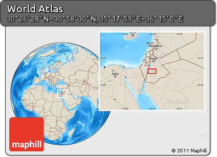 Shaded Relief Location Map of the Area around 30° 42' 29" N, 35° 46' 29" E