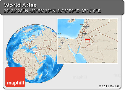 Shaded Relief Location Map of the Area around 30° 42' 29" N, 36° 37' 30" E