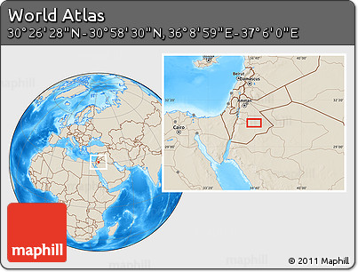 Shaded Relief Location Map of the Area around 30° 42' 29" N, 36° 37' 30" E