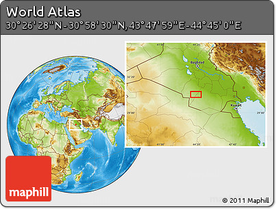 Physical Location Map of the Area around 30° 42' 29" N, 44° 16' 29" E