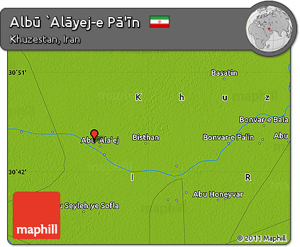 Physical Map of Albū `Alāyej-e Pā'īn