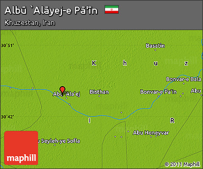Physical Map of Albū `Alāyej-e Pā'īn