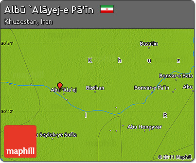 Physical Map of Albū `Alāyej-e Pā'īn