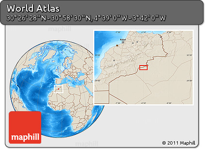Shaded Relief Location Map of the Area around 30° 42' 29" N, 4° 10' 30" W
