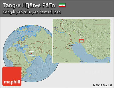 Savanna Style Location Map of Tang-e Hījān-e Pā'īn, hill shading