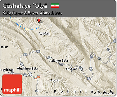 Shaded Relief Map of Gūsheh-ye `Olyā