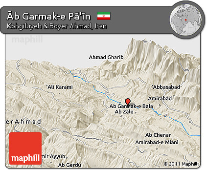 Shaded Relief Panoramic Map of Āb Garmak-e Pā'īn