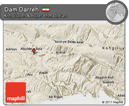 Shaded Relief Panoramic Map of Dam Darreh
