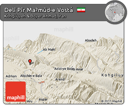 Shaded Relief Panoramic Map of Delī Pīr Maḩmūd-e Vostá