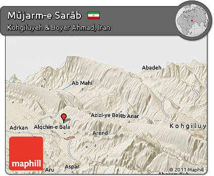 Shaded Relief Panoramic Map of Mūjarm-e Sarāb