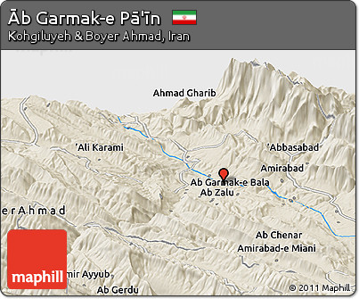 Shaded Relief Panoramic Map of Āb Garmak-e Pā'īn