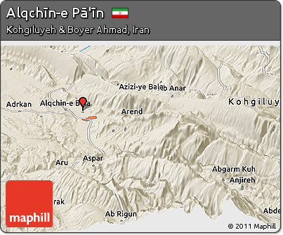 Shaded Relief Panoramic Map of Alqchīn-e Pā'īn