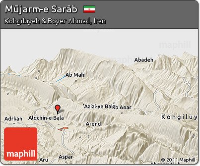 Shaded Relief Panoramic Map of Mūjarm-e Sarāb