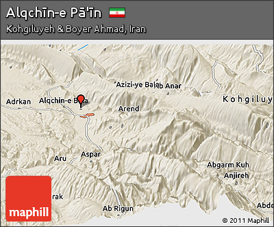 Shaded Relief Panoramic Map of Alqchīn-e Pā'īn
