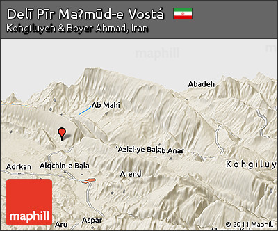 Shaded Relief Panoramic Map of Delī Pīr Maḩmūd-e Vostá