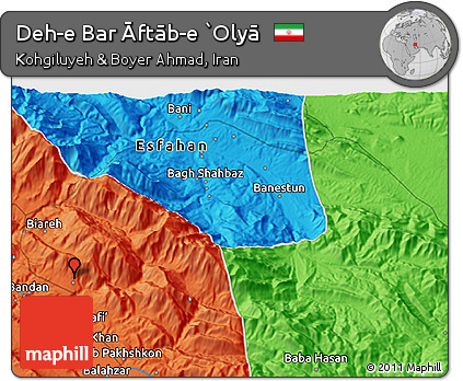 Political 3D Map of Deh-e Bar Āftāb-e `Olyā