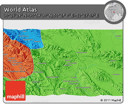 Political 3D Map of the Area around 30° 42' 29" N, 51° 55' 29" E
