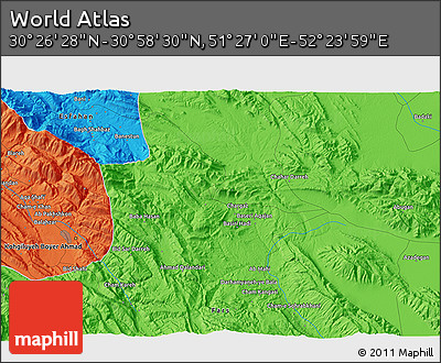 Political 3D Map of the Area around 30° 42' 29" N, 51° 55' 29" E