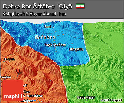 Political 3D Map of Deh-e Bar Āftāb-e `Olyā