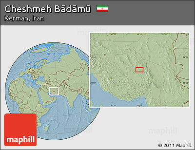 Savanna Style Location Map of Cheshmeh Bādāmū, hill shading